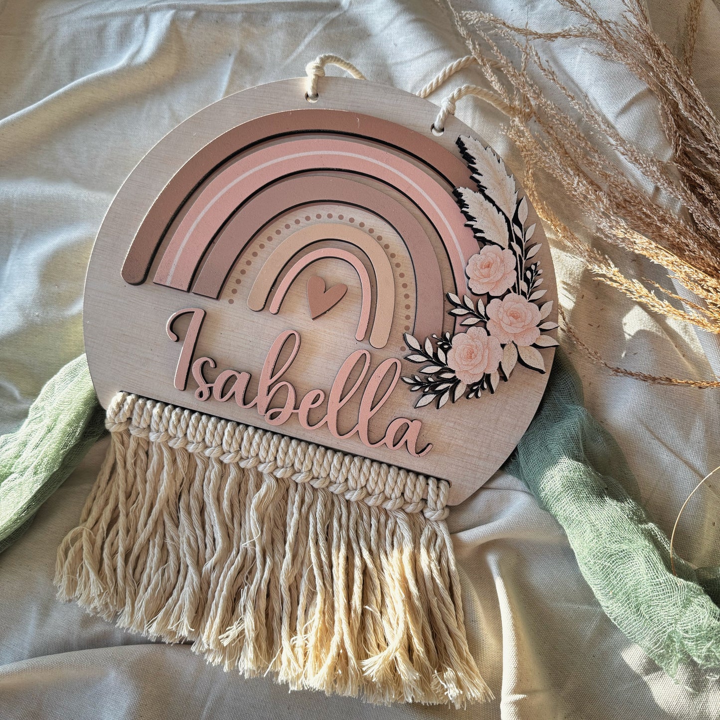 Personalized Boho Name Sign with Macramé and 3D Wooden Details